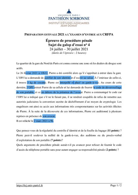 2021 ete Procédure pénale GE4 Sujet iej univ paris1 Page 1 2