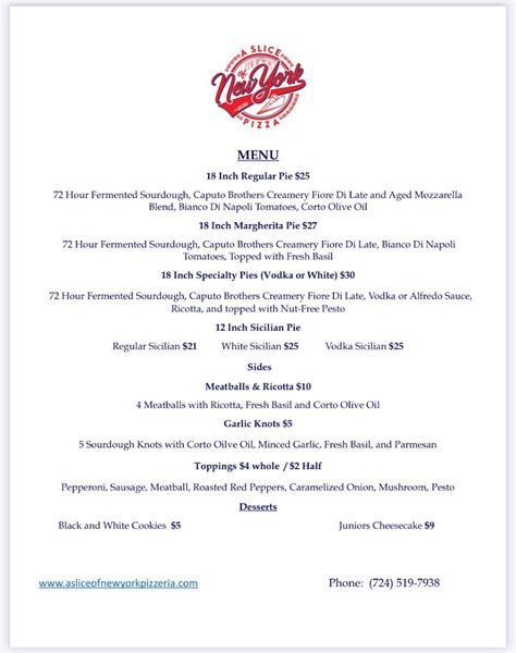 Menu at A Slice of New York pizzeria, Murrysville