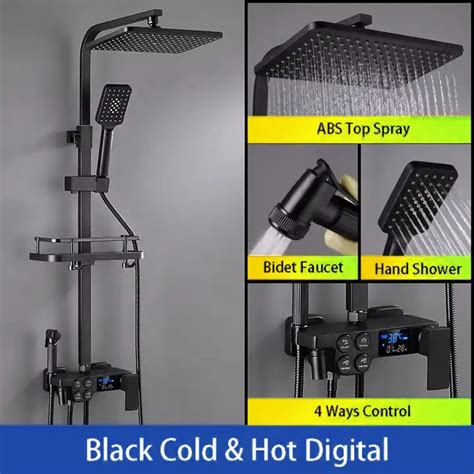 Luxury Black Brass Rainfall Bathroom Shower Set Smart Automatic Hot Cold Mixer Bath Hand Shower