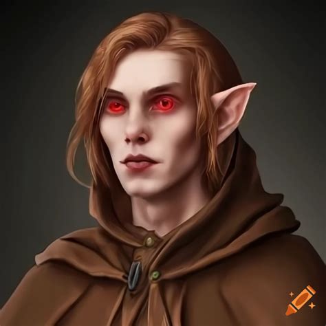 Portrait Of A Mature Male Elf With Red Eyes In A Brown Hooded Cloak On