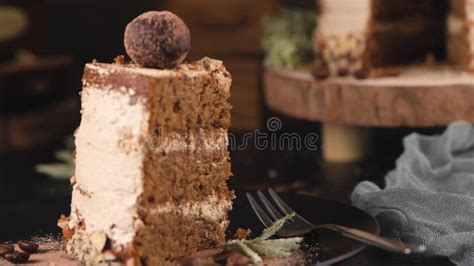 Slice Of Delicious Naked Coffee And Hazelnuts Cake Stock Footage Video Of Brown Elegance
