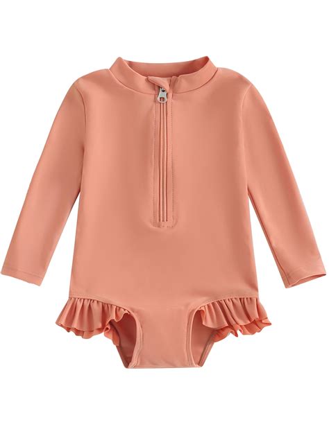 Mevireiy Baby Girl Rash Guard Swimsuit Solid Color Long Sleeve Ruffles Zipper Bikini Set Orange