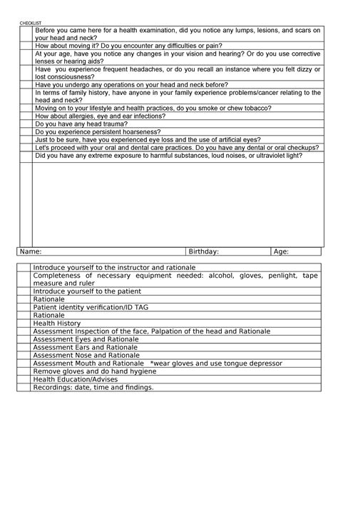 Head and neck check list - CHECKLIST Before you came here for a health