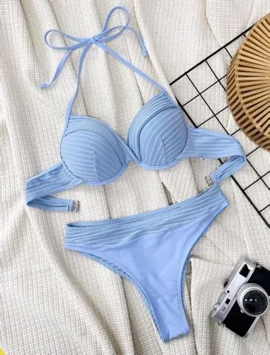 Swim Vcay Conjunto De Maiô Bikini Feminino Alça Halter T Azul celeste S Parcelamento sem juros