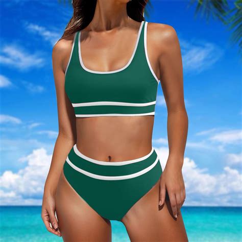 Badhub Women S High Waisted Bikini Sets Sporty Crop Top Two Piece Swimsuits Color Block Cheeky