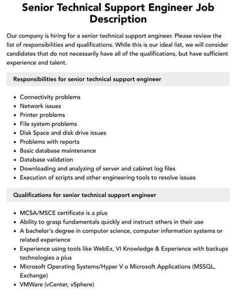 Senior Technical Support Engineer Job Description Velvet Jobs