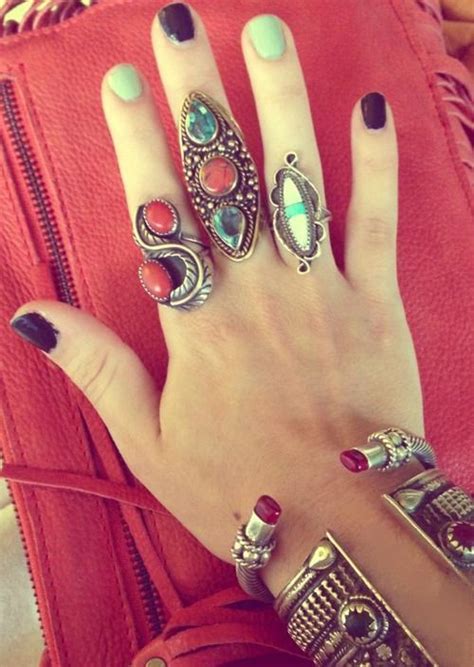 Turquoise And Coral Silver Rings Hippie Boho Bohemian Southwestern Fashion Bagan Hippie Chic