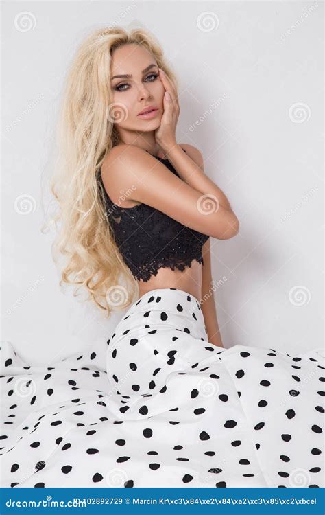 Beautiful Blonde Female Model In A Polka Dots Wedding Dress Stock Image Image Of Evening