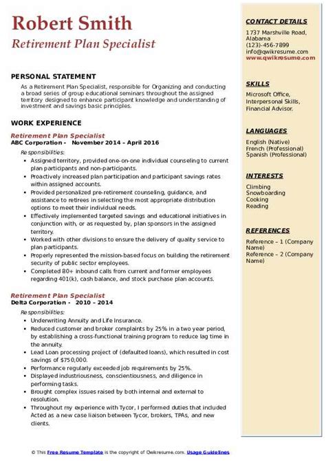 Retirement Plan Specialist Resume Samples Qwikresume