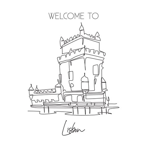 Single Continuous Line Drawing Belem Tower Landmark Famous Place In