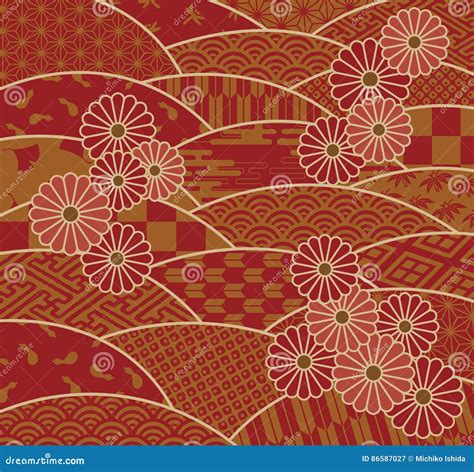 Japanese Traditional Patterns And Chrysanthemum Stock Vector