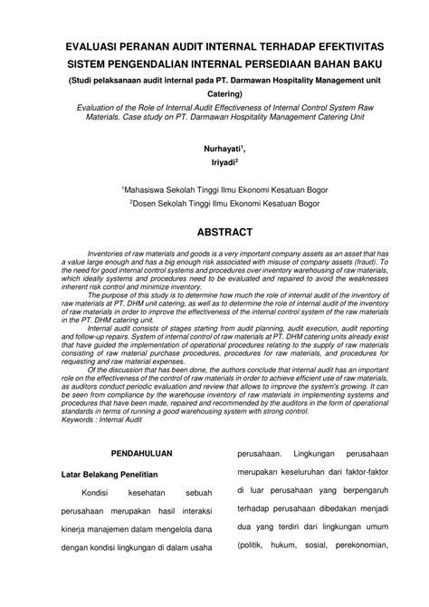 Pdf Evaluasi Peranan Audit Internal Terhadap Efektivitas Sistem