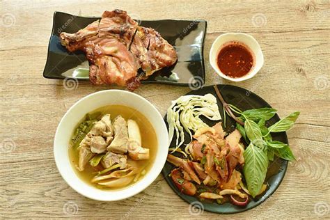 Spicy Roasted Pork Thai Salad And Pork Bone Soup With Grilled Chicken