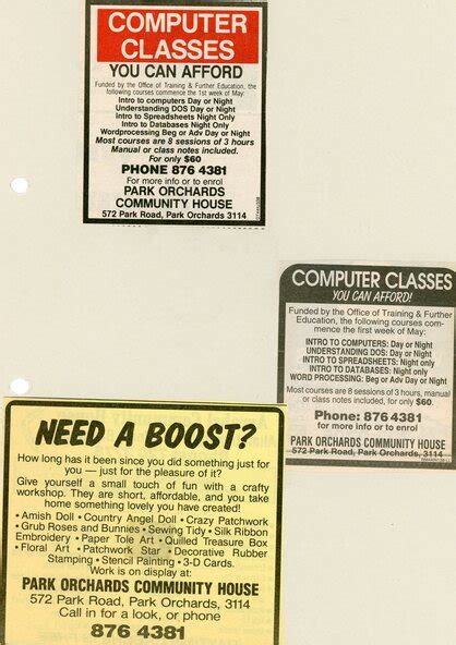 Photograph Newspaper Ads For Computer Classes And Crafty Workshops At