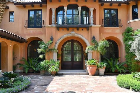 Stylish Mediterranean Exterior Showcasing Arched Doorways Premium Ai
