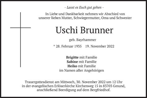 Traueranzeigen Von Uschi Brenner Trauer Merkur De