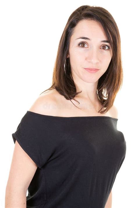 Brunette De Joven Empresaria Con Camisa Negra Y Fondo Blanco Aislado Foto De Archivo Imagen De