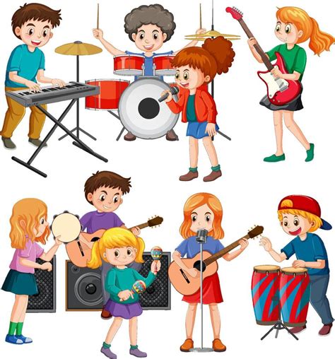 set  kids playing  musical instrument  vector art