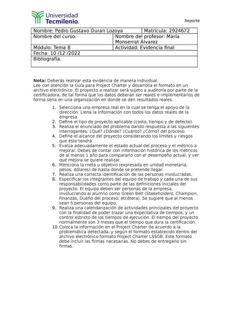 Evidencia 1 Proyecto integrador en calidad total - Reporte Nombre