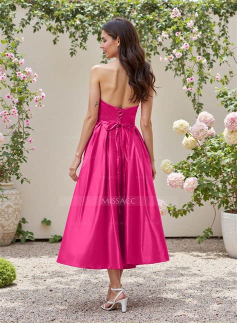 A-Line Strapless Sleeveless Tea-Length Satin Bridesmaid Dresses - Missacc