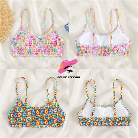 บราบกน bikini อกเลก เทรนดแฟชนลายดอกไม สายสะพายไหลปรบได 0305 Lazada co th