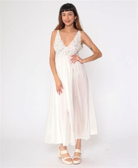 White Lingerie Nightgown S Sheer Lace Slip Dress Br Gem