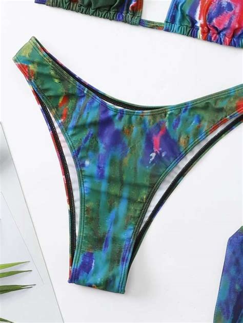 Shein Swim Sxy Tie Dye Bikini Set Halter Triangle Bra Top Hipster Bikini Bottom Beach Skirt