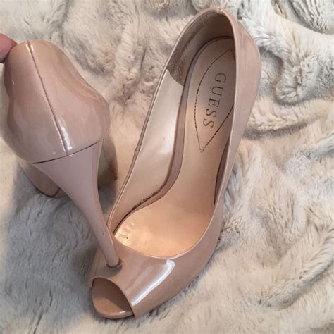 Guess Nude Patent Leather Platform Peep Toe Heels Gem