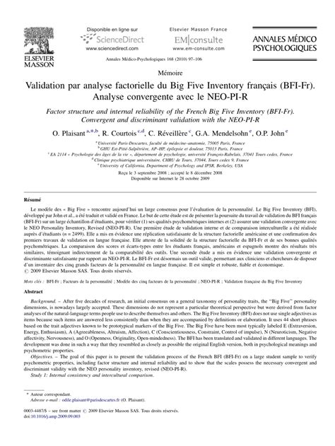 PDF Factor Structure And Internal Reliability Of The French Big Five