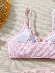 Tween Girls Cute Light Pink Heart Shaped Hollow Bikini Set With Butterfly Mesh Beach Skirt