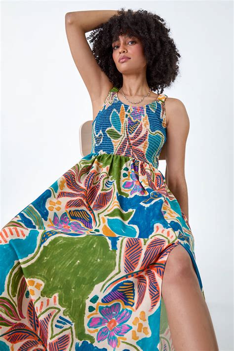 Blue Tropical Leaf Shirred Bodice Midi Dress Roman UK