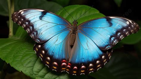 Beautiful Blue Butterfly Resting On Green Leaves Background Picture