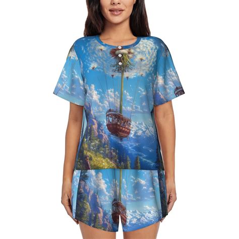 Fotbe Dandelion Hot Air Balloon Print Pajama Set For Women Piece Loungewear Short Sleeve Tops