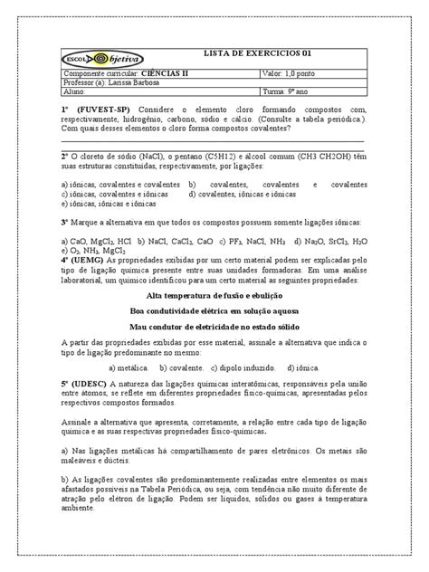 Ligação Ionica Exercicios Resolvidos 9 Ano