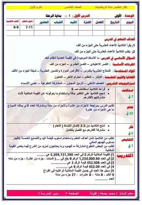 دفتر تحضير رياضيات الصف الخامس الابتدائي Pdf الترم الأول 2023 شبابيك
