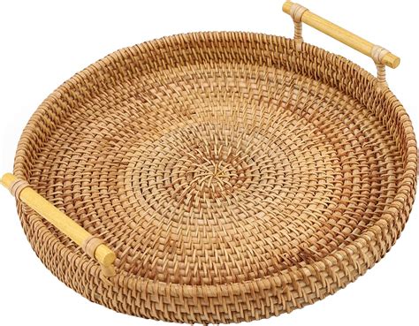 Gukasxi 11 Inch Rattan Serving Tray With Handles Rattan Round Basket