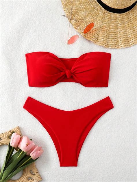SHEIN Swim Conjunto De Bikini Bandeau De Unicolor Para Mujeres Con Detalles De Lazo Retorcido