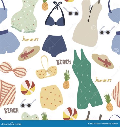 Summer Seamless Pattern With Lingerie And Swimsuits Swimsuit Bikini Hat Ball Sunglasses