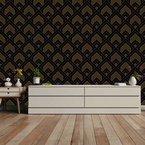 Art Deco Geometric Wallpaper In Black Gold Printmyspace Etsy