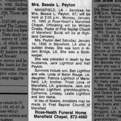 Obituary For Bessie L Peyton Aged Newspapers