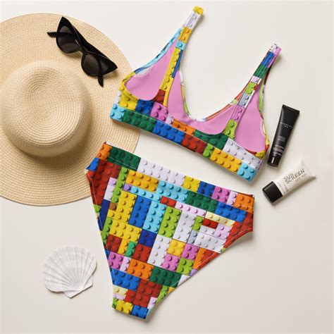 Rainbow Lego Bikini Designer Swimsuit Recycled High Waisted Etsy