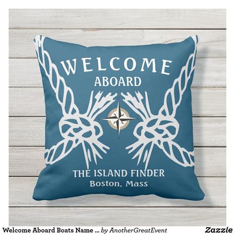 Welcome Aboard Boats Name Ocean Blue White Grey Outdoor Pillow Grey