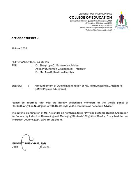 Announcement of Outline Examination of Ms. Keith Angeline N. Alejandro