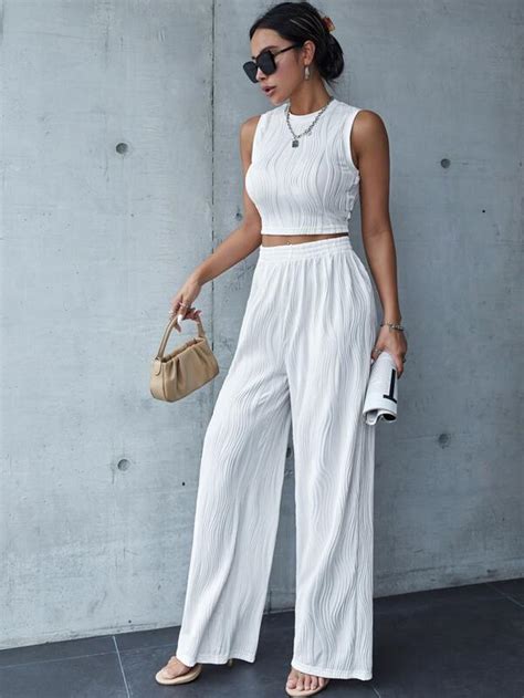 Shein Essnce Textured Solid Wide Leg Trousers Shein Uk