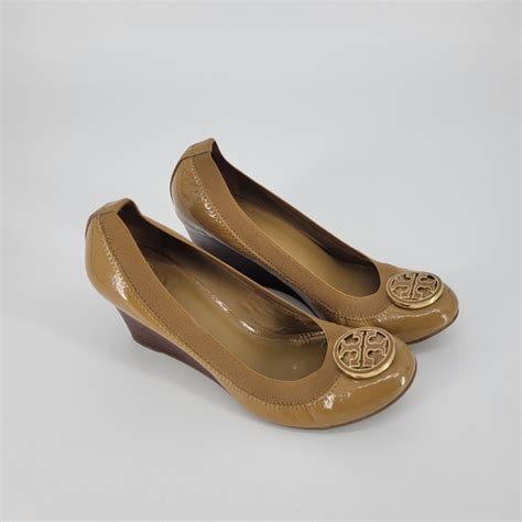 Tory Burch Shoes Tory Burch Caroline Wedge Tan Patent Leather Gold