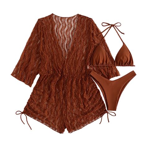 Swimsuits For Women Mesh Three Piece Sexy Backless Bikini Set Thong With Cover Up Brown Women
