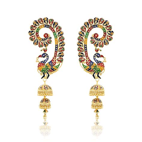 22k Gold Meenakari Peacock Jhumka Earcuffs 4495g Queen Of Hearts