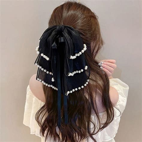 Bowknot Bow Crab Clip Pearl Mesh Ponytail Clip Temperament Bow Ribbon