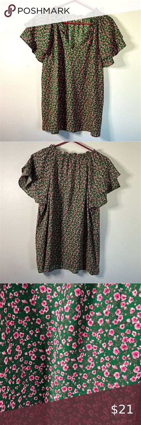 Pleione Flutter Sleeve Blouse Green Pink Floral Size L Green Blouse