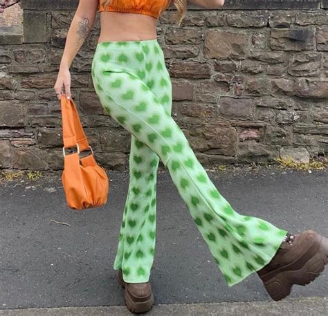 Green Heart Printed Flare Pants Women Festival Aesthetic Etsy